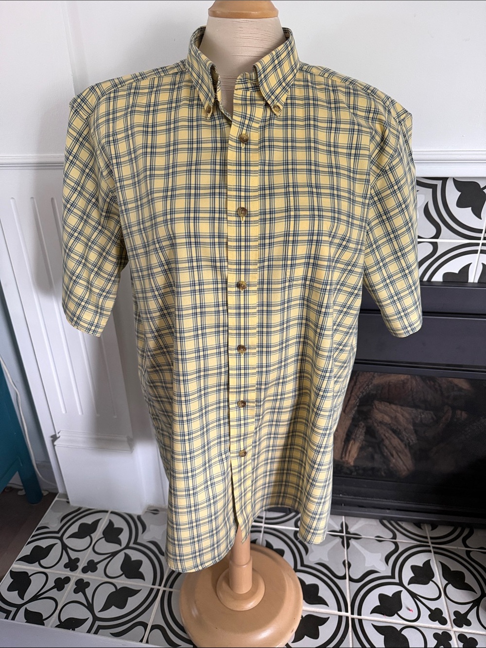 L.L. Bean Yellow and Navy Plaid Short-Sleeve Button-Down Shirt.  100% cotton